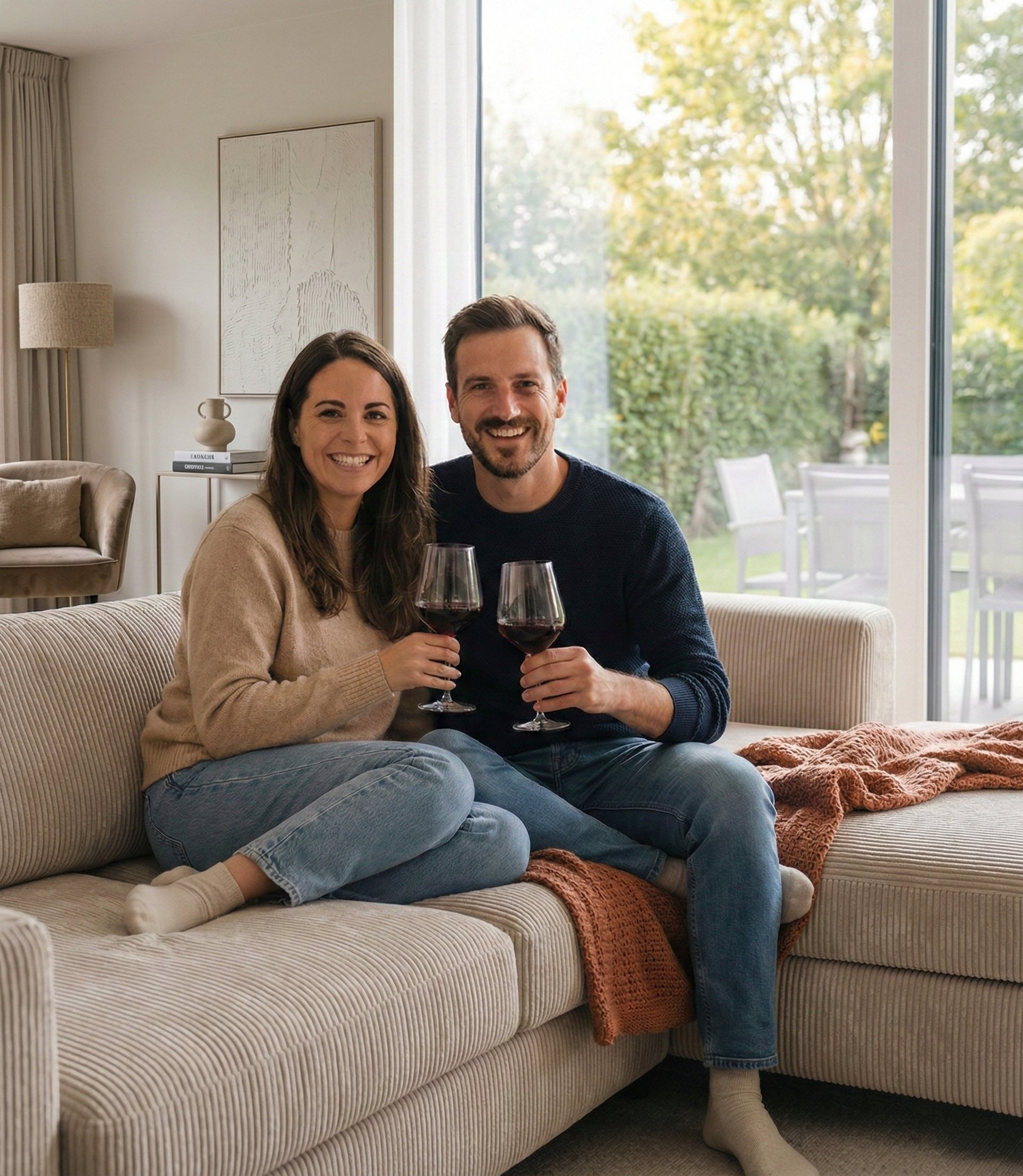 Familie sitzt gemeinsam auf dem Sofa